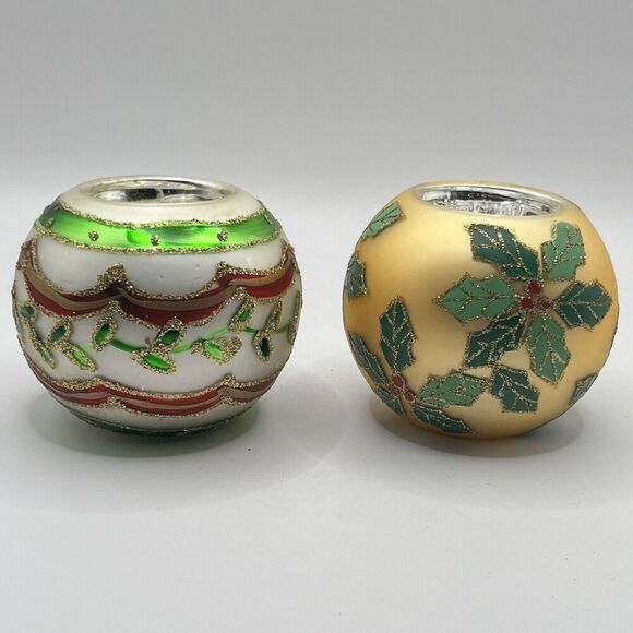 2 Ornament 3" Ball Tea Light (Inc) Candle Holders Gold Frosted Glass Glitter Vtg - Picture 1 of 6